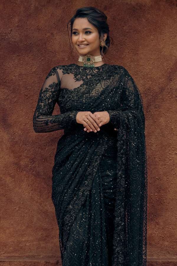 Party Special Butterfly Sofy net with Embroidery Sequence work Black color saree collection at best rate